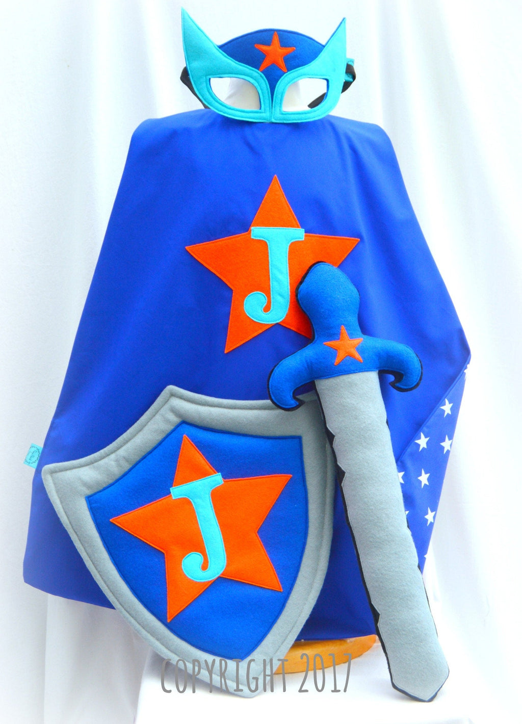 Personalised 'Coby Blue' Superhero Set Costume inc, cape, mask, shield and sword